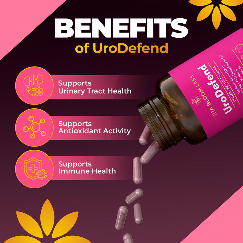 UroDefend UTI Protection Formula | Cranberry PACs | Physician Formulated | Additive Free + Gluten Free | Cranberry Extract, Pine Bark Extract, D Mannose, Vitamin C | 60 Capsules