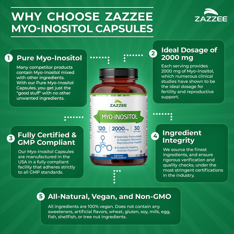 Zazzee Myo-Inositol Capsules, 2000 mg per Serving, 120 Vegan Capsules | Ideal Dosage for 40:1 Ratio, Certified Kosher, Hormone Balance & Healthy Ovarian Function Support, Non-GMO, Made in the USA 120 Count (Pack of 1)