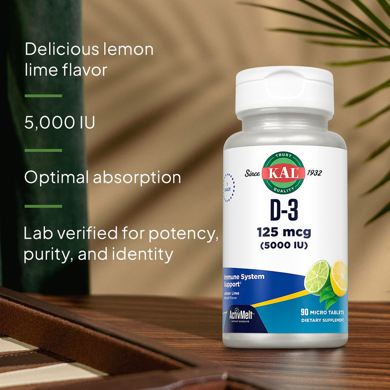 KAL Vitamin D-3 5000 IU ActivMelt, Instant Dissolve, Natural Lemon Lime Flavor, Healthy Immune Function & Bone Support, 90 Servings, 90 Micro Tablets 90 Count (Pack of 1)