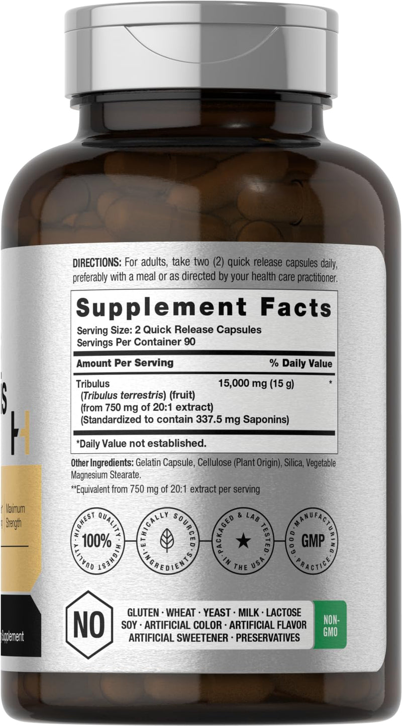 Horbäach Tribulus Terrestris for Men 15000mg | 180 Capsules | Maximum Strength | Non-GMO, Gluten Free Extract Supplement 180 Count (Pack of 1) - BeesActive Australia