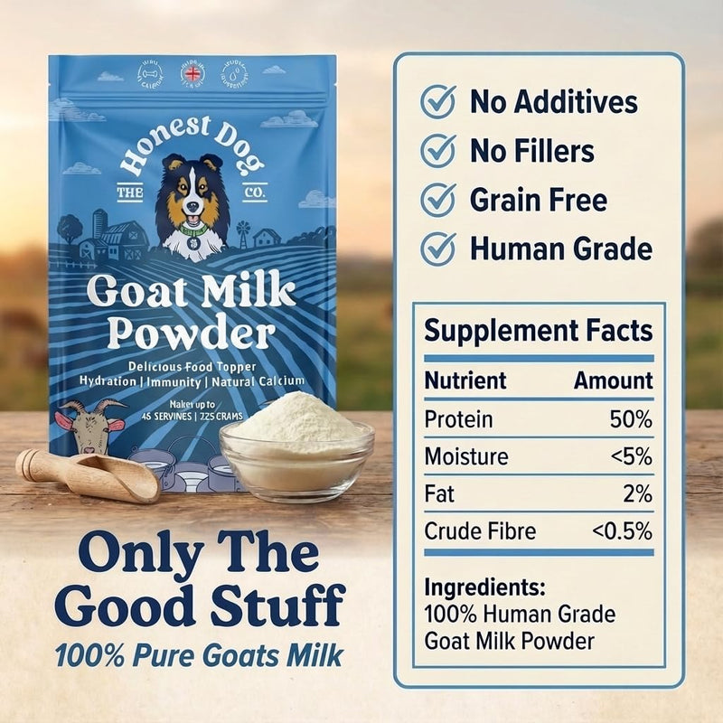 Honest Dog Co. Goats Milk Powder for Dogs | Packed with Protein, Calcium & Vitamins for Immunity, Recovery & Growth | Premium Supplement for Puppies & Adult Dogs | Made in UK | 225g | 45 servings