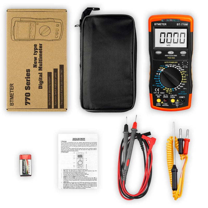 Digital Multimeter TRMS 6000 Count, BTMETER BT-770M Auto/Manual Ranging DMM Electrical Meter Tester for AC/DC Amp, AC/DC Volt, Ohm Capacitance Frequency Continuity Temperature NCV, Auto Backlight AC/DC 20A & Mechanical Block 770M - BeesActive Australia