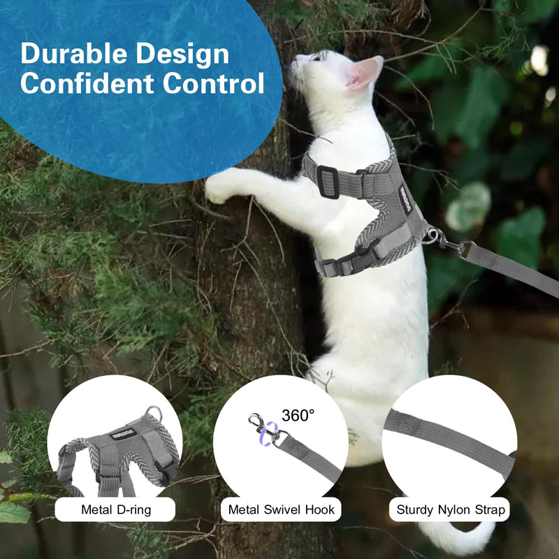 Muecleao Cat Harness with Lead, Escape-Proof, Cat Lead with Harness for Cats, Adjustable Cat Harness, Cat Collar with Reflective Strips for Outdoor Training Walking (Grey, S) Grey - BeesActive Australia