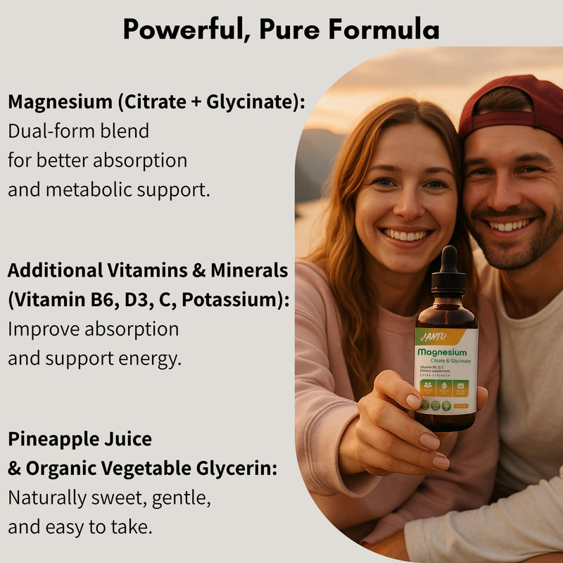 JANTU High‑Absorption Liquid Magnesium Citrate & Glycinate with Vitamins B6 D3 C & Potassium – Alcohol‑Free, Glycerin‑Based, Vegan, 60‑Day Supply – 4 oz