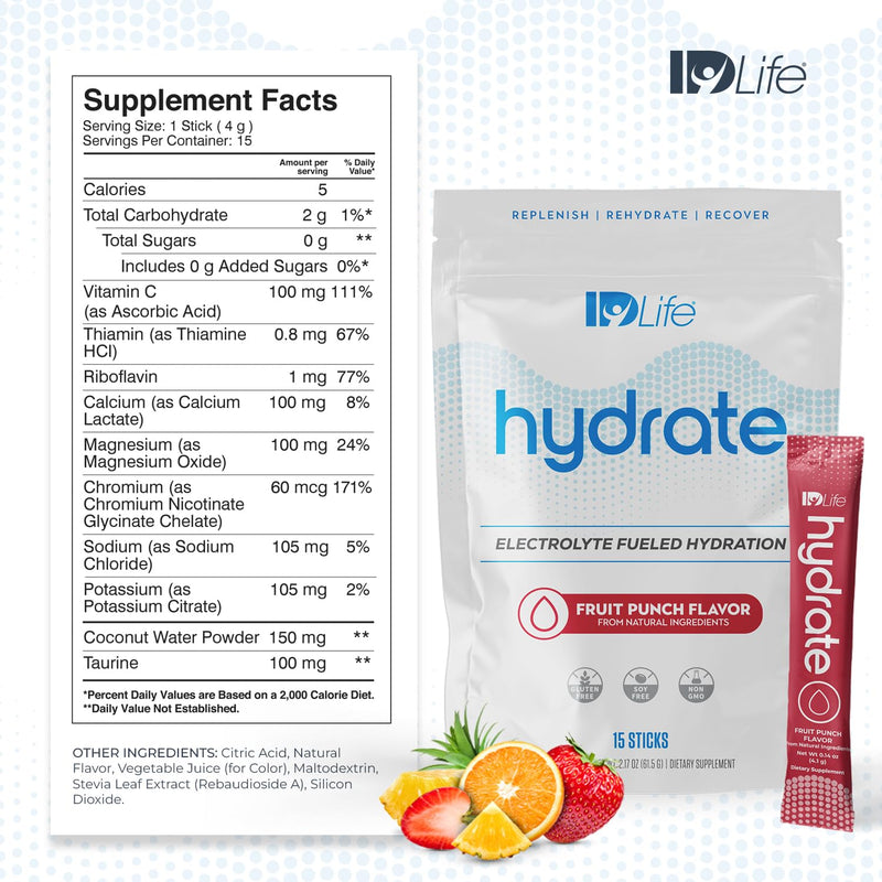 IDLife Hydrate - Fruit Punch - 15 Sticks | Electrolyte Blend, Vitamins And Minerals, MCTs, Rapid Mix Formula, Daily Hydration, Workout Support, On-The-Go Packets