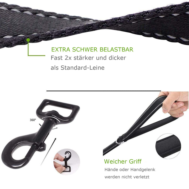 Dog leash for large and medium sized dogs with integrated short handle, reflective leash, 2 hand-friendly padded hand loops, 1.5 meter leash, highly reflective black - BeesActive Australia