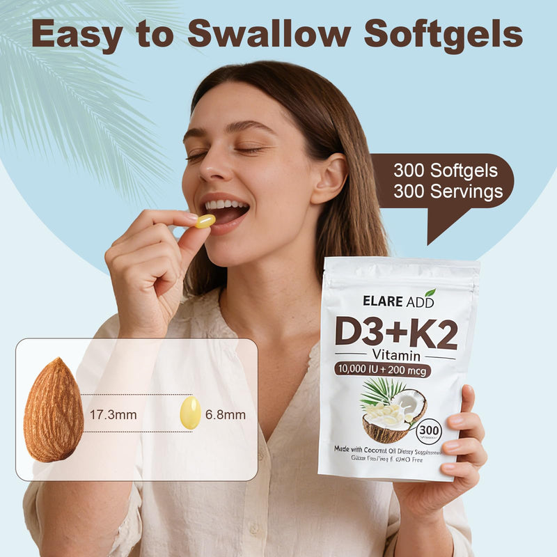 Vitamin D3 K2 10,000 IU MK-7 200 mcg D3 and K2 Supplements with Coconut Oil | 300 Softgels, 2-in-1 Vitamins D & K Complex, Extra Strength, Easy to Swallow, Non-GMO, Gluten Free