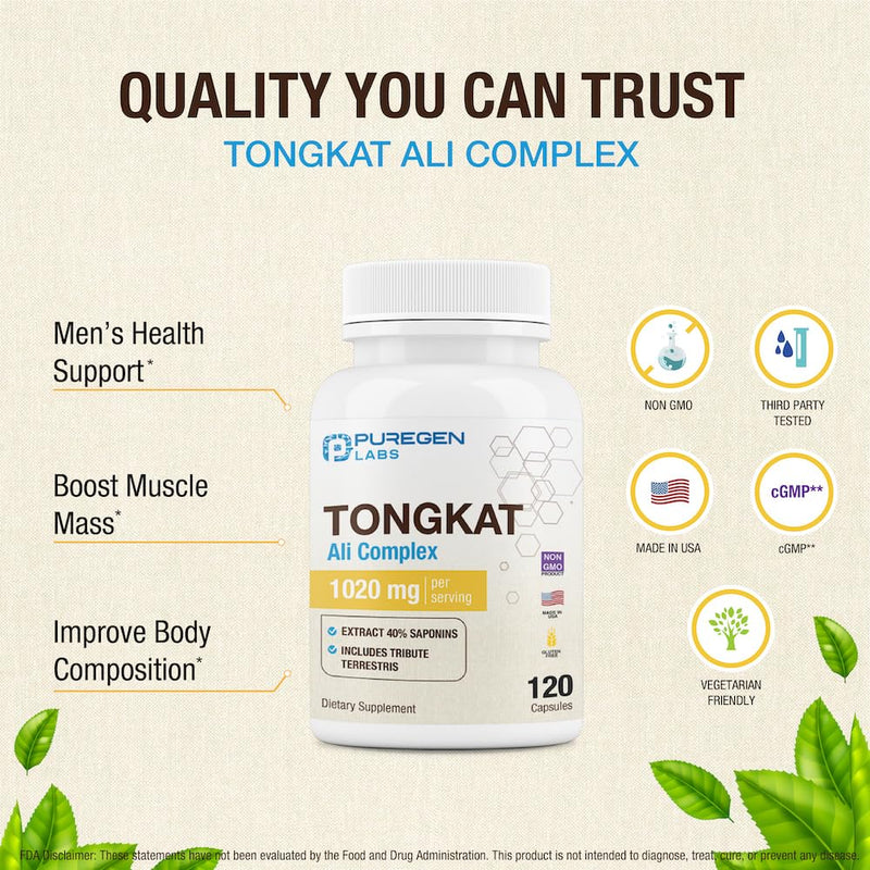 Puregen Labs Tongkat Ali Extract 200 to 1 for Men, 1020mg per Serving, [High Potency] Total 240 Capsules - Men's Health Support with 20mg Tribulus Terrestris | Non-GMO, Gluten Free, Made in USA 2 - BeesActive Australia
