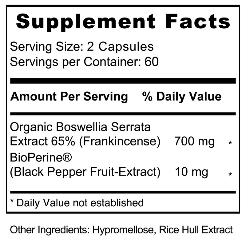 Boswellia Extract Capsules - Organic Boswellia Serrata Extract Capsules containing Frankincense Powder and Bioperene (Black Pepper Fruit Extract) - Boswellia Supplement - 120 Capsules - BeesActive Australia
