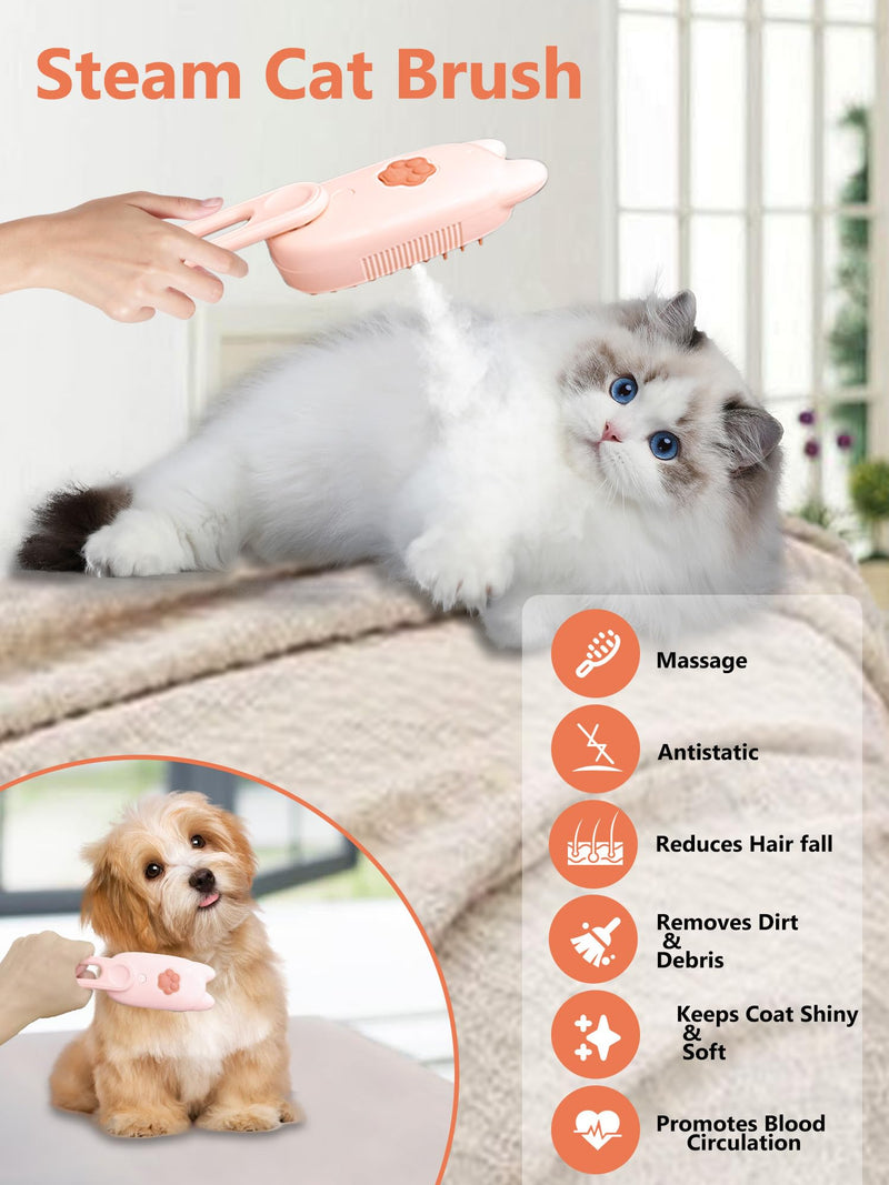 Cat Steam Brush, Rechargeable Steamy Pet Grooming Brush For Shedding, Silicone Water Spray Massage Brush, Cat Hair Removal Brush Self Cleaning Brush Steamer Wet Cat Spa Brush Cat Comb (Pink) - BeesActive Australia
