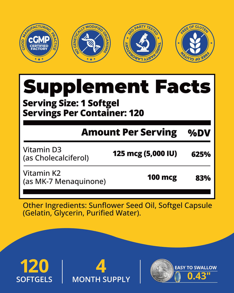Vitamin D3 K2 5000 IU with MK-7, 3rd Party Tested, 120 Servings | with MK-7 100 mcg Softgels, Sunflower Seed Oil D3 K2 Vitamin for Better Calcium Absorption, Soy-Free, Non-GMO for Women & Men