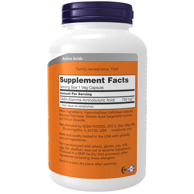 NOW Foods Supplements, GABA (Gamma-Aminobutyric Acid) 750mg, Neurotransmitter Support*, 200 Veg Capsules 200 Count (Pack of 1)