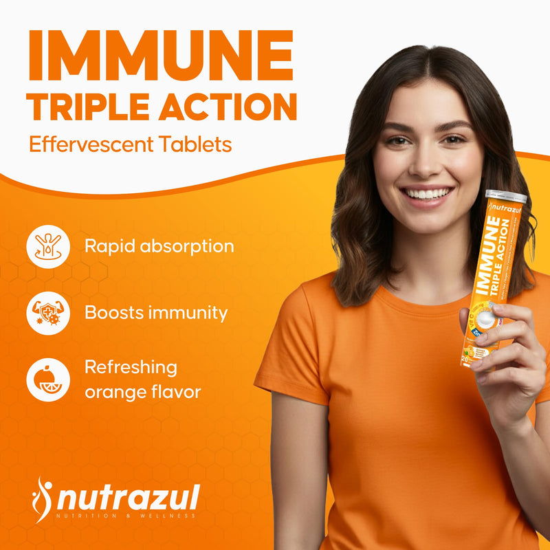 nutrazul Immune Triple Action Effervescent Tablets with Vitamin C 1000mg, Vitamin D, Zinc, Support Daily Routine, Gluten-Free, Sugar-Free, Lactose-Free, Orange Flavor, 20 Tablets (Pack of 5x20) 20 Count (Pack of 5)