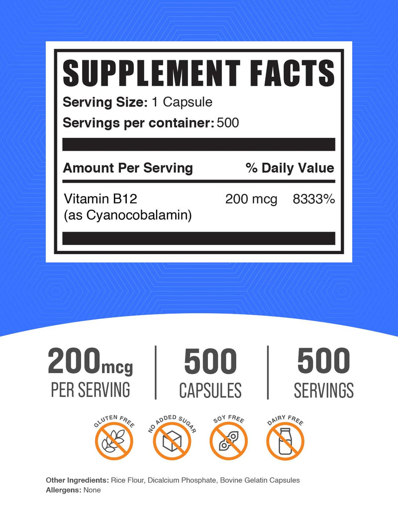 BulkSupplements.com Vitamin B12 Capsules - as Cyanocobalamin, Vitamin B Supplement, Vitamin B12 200 mcg - Energy Vitamins, Gluten Free, 1 Capsule per Serving, 500 Capsules (Pack of 1)