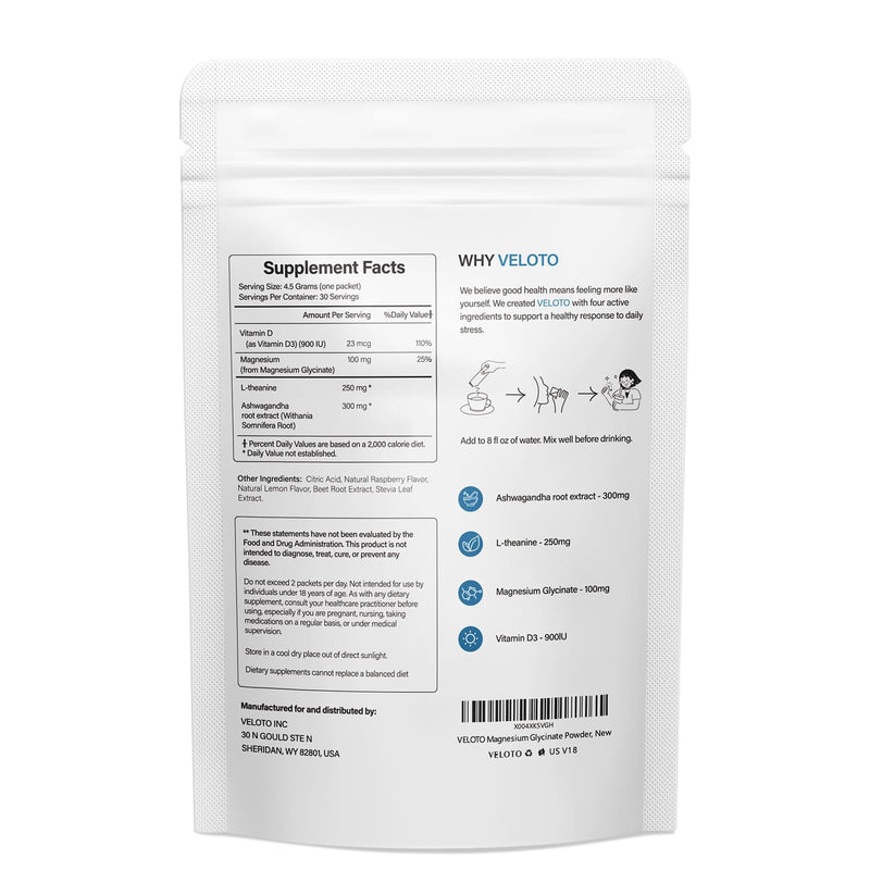 VELOTO Magnesium Glycinate Calm Drink Mix, Sugar Free Magnesium Supplement | with L-Theanine, Ashwagandha & Vitamin D3, Calm Powder for Relaxation, Stress Support & Sleep Support,Raspberry Lemon