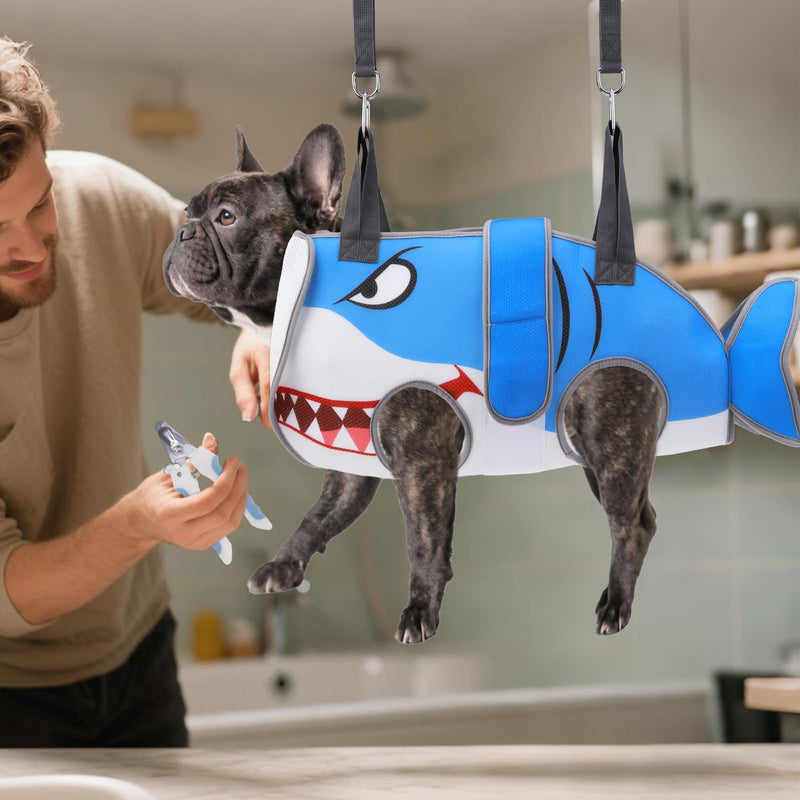 Dog Grooming Hammock for Small Dogs Cats, Cute Shark Design Dog Hanging Harness for Nail Trimming/Clipping, Pet Sling with Grooming Kit and Thick Neck Support & Strap Restraint Claw Care, S Blue Shark