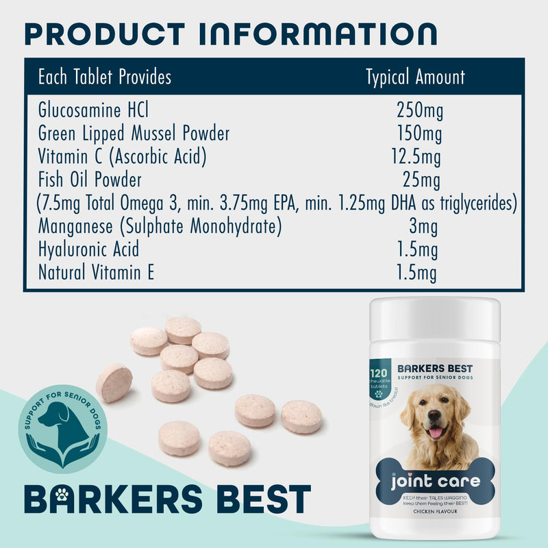 Dogs Joints Care Chewable Tablets for Adult Dogs 120 Tube with Glucosamine, Fish Oil and Vitamin C,Chicken Flavour-Barkers Best Brand