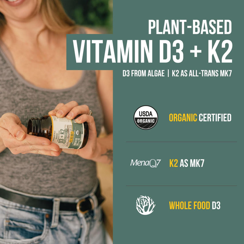 Organic Plant D3 + K2 | 5000 iu D3 + 120 mcg K2 as All-Trans MK7 from MenaQ7® - 100% Whole Food, Raw & Vegan | Enhanced Digestion with Prebiotic & Superfood Complex – D3 from Organic Algae (60 Count) 60 Count (Pack of 1) - BeesActive Australia