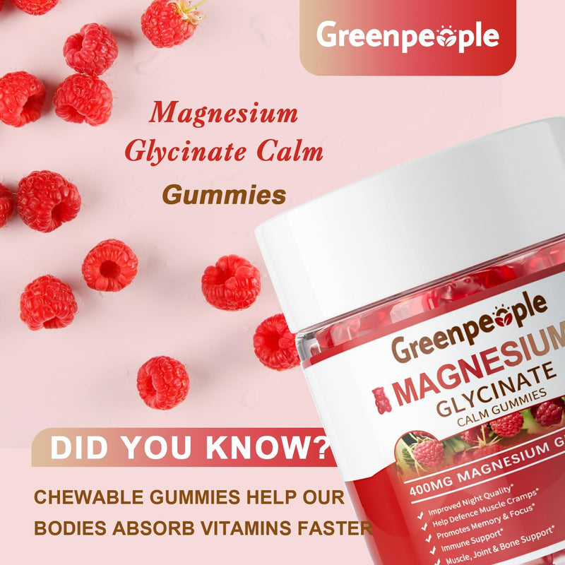 GREENPEOPLE Magnesium Glycinate Gummies 400mg - Raspberry, 60ct | Chelated Sugar Free,High Absorption Supplement with Magnesium Citrate,Vitamin D & B6 Calm,Sleep & Stress Support for Adults 60 Count (Pack of 1)