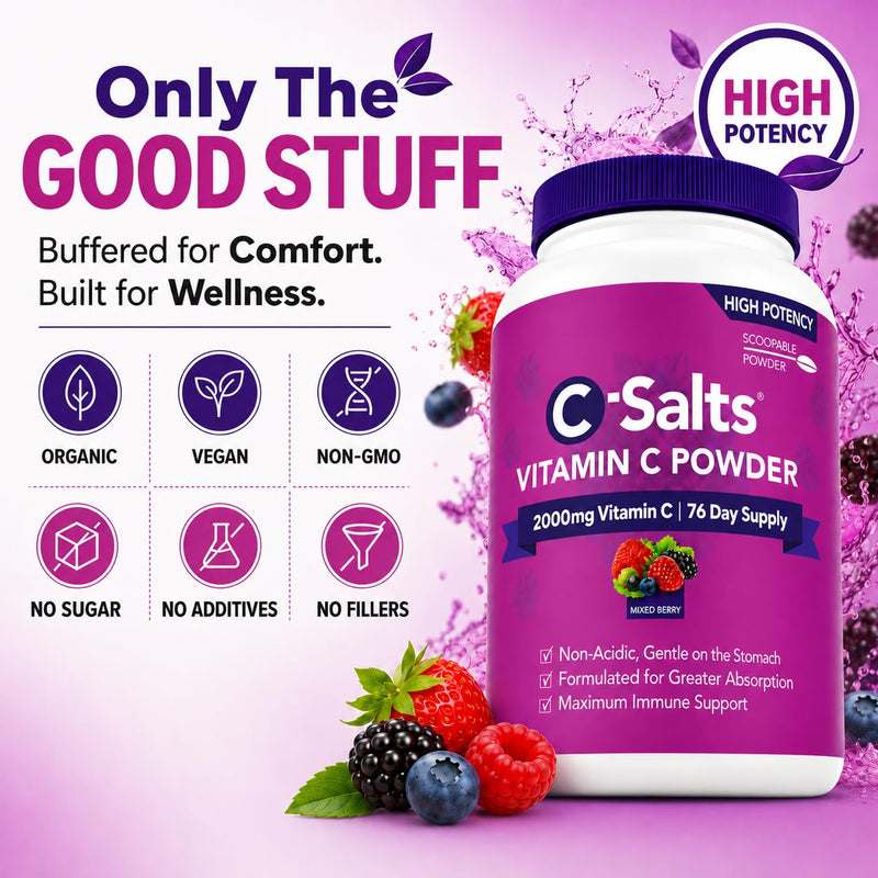 C-Salts Buffered Vitamin C Powder - Pure Organic, Stomach Friendly Ascorbic Acid VIT C Drink for Daily Immune Support & Collagen Production - Vegan Non GMO Sugar Free - 84 Servings Mixed Berry, 8oz 8 Ounce (Pack of 1)