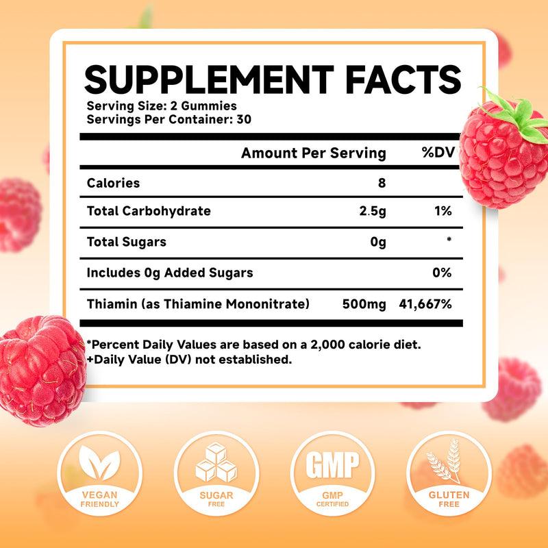 MEENCCD Vitamin B1 Gummies 500mg, Thiamine B1 Supplement Supports Energy Production, B1 Vitamin for Adults & Kids, Sugar-Free, Vegan, Raspberry Flavor, 60 Count 60 Count (Pack of 1)