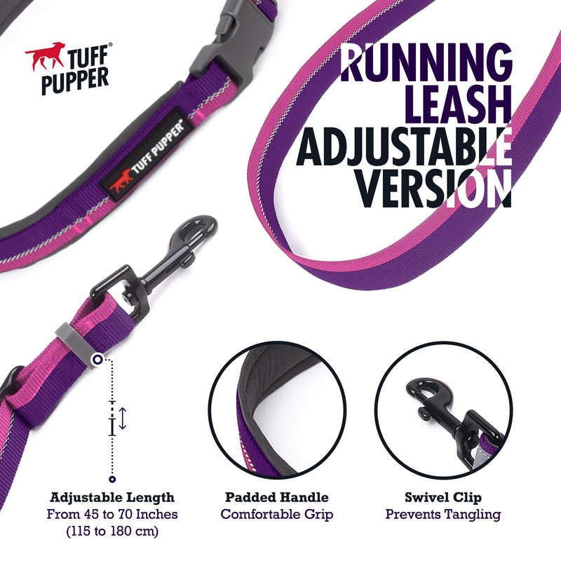 Tuff Pupper Hands Free Adjustable Length Dog Leash | Lightweight for Running Jogging Walking | Padded Waist Belt (24-50 inch) | Adjusts 3 to 6 Feet Length | Strong Ballistic Nylon w/Reflective Strips Punch Purple - BeesActive Australia