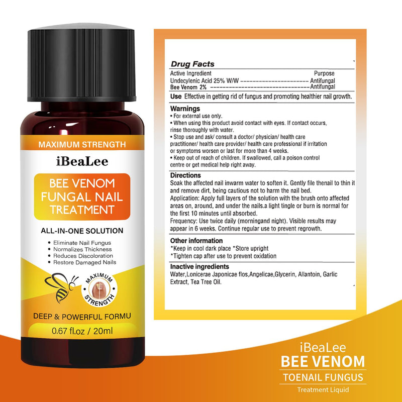 Bee Venom Antifungal Solution Extra Strength - For Fungus on Toenails and Fingernails, Repairing Yellow & Ingrown Nails, Foot Care Treatment 0.68 Fl Oz (Pack of 1)