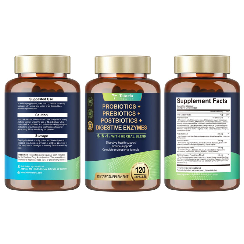 Totaria 5-in-1 60 Billion CFU Probiotic Prebiotic & Postbiotic for Women & Men, w/Digestive Enzymes, Slippery Elm, Daily Complete Gut Health, Digestive & Immune Support, 4 Month Supply, Vegan