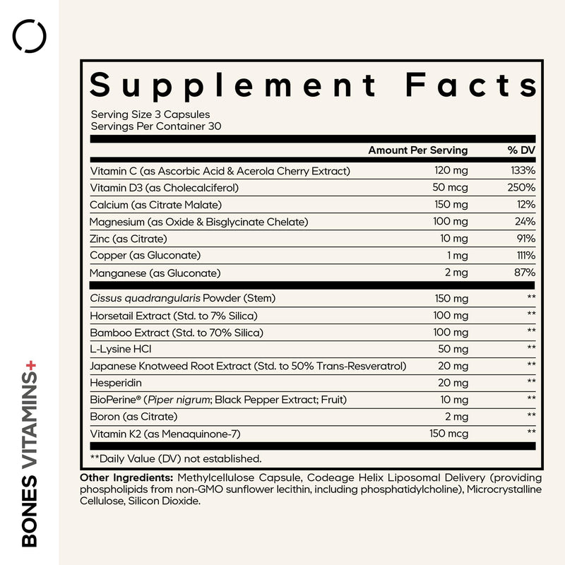 Codeage Bones Vitamins, D3 K2, Calcium, Magnesium, Zinc, 90 Capsules | Vitamin D3 & K2, calcium, magnesium, zinc, vitamin C, L-lysine, hesperidin, bamboo, horsetail, cissus, boron. Non-GMO.