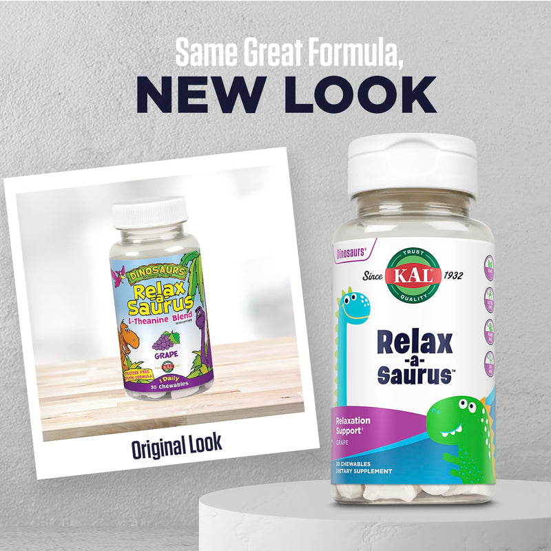 KAL Relax-a-Saurus, Stress Support Supplement for Kids, L-Theanine for Children with Herbal Stress Relief & Relaxation & Blend, Delicious Natural Grape Flavor, 60-Day Guarantee, 30 Chewables | Kids Stress & Calm Support - L-Theanine, Chamomile & Passio...