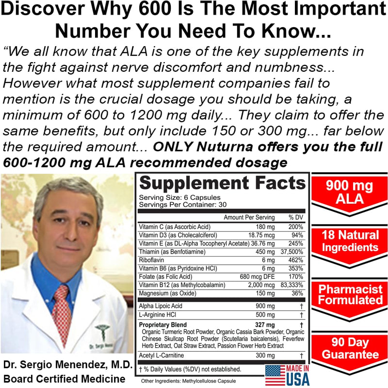 Neuropathy Support Nerve Supplement with 900 mg Pure Alpha Lipoic Acid - Maximum Strength Formula, Fortify Nerves in Fingers, Hands, Toes, & Feet - Best Peripheral Relief Support - 180 Capsules