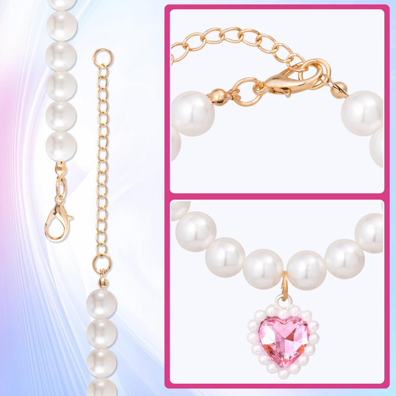 Cat Pearl Collar with Heart Pendant, Cute Pearl Pet Necklace in Medium, Adjustable Wedding Party Small Dog Jewelry Accessories for Puppy Kitten- Pink - BeesActive Australia