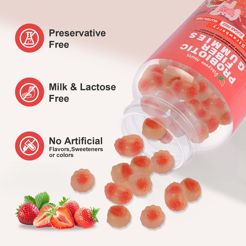 Probiotic Fiber Gummies for Adults, No Sugar Added Strawberry Flavor– 120 Billion CFUs –Vitamin C,Vitamin D–Digestive Health & Regularity Support(60 Count) 1 Count (Pack of 60)