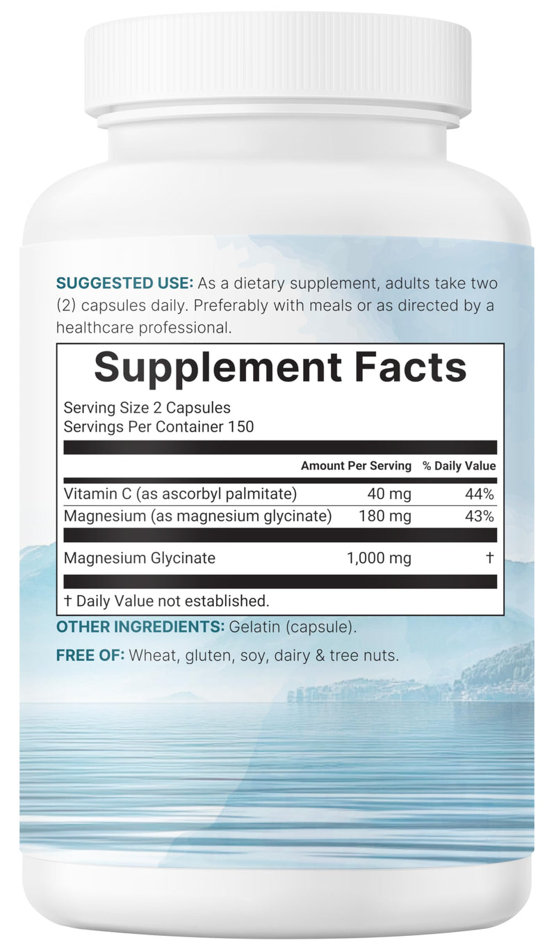 Pure Magnesium Glycinate 1,000mg, 300 Capsules | 100% Chelated for Max Absorption | Enhanced with Vitamin C | Only Uses Active Ingredients