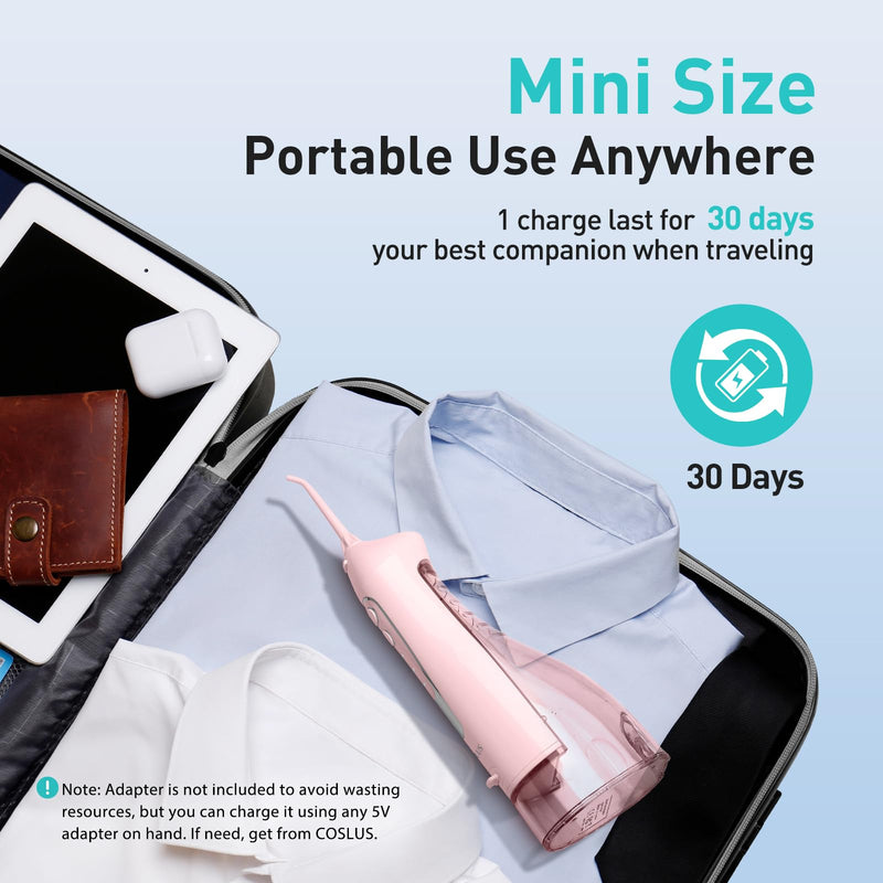 COSLUS Water Dental Flosser Teeth Pick C20(F5020E): Portable Cordless Oral Irrigator 300ML Rechargeable Travel Irrigation Cleaner IPX7 Waterproof Electric Flossing Machine for Teeth Cleaning, Pink
