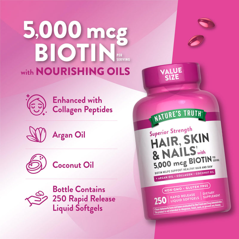 Nature's Truth Hair, Skin & Nails Vitamins | 5000mcg | 250 Softgels | Includes Collagen, Biotin and Coconut Oil | Non-GMO & Gluten Free Supplement for Women and Men