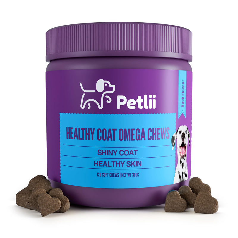 HEALTHY COAT OMEGA CHEWS - 120 Duck flavour Chews for Skin and Coat health. Omega 3, 6, 9, Biotin, Zinc, Fish Oils and Vitamins to relieve itching, allergies, dryness, patchiness and shedding