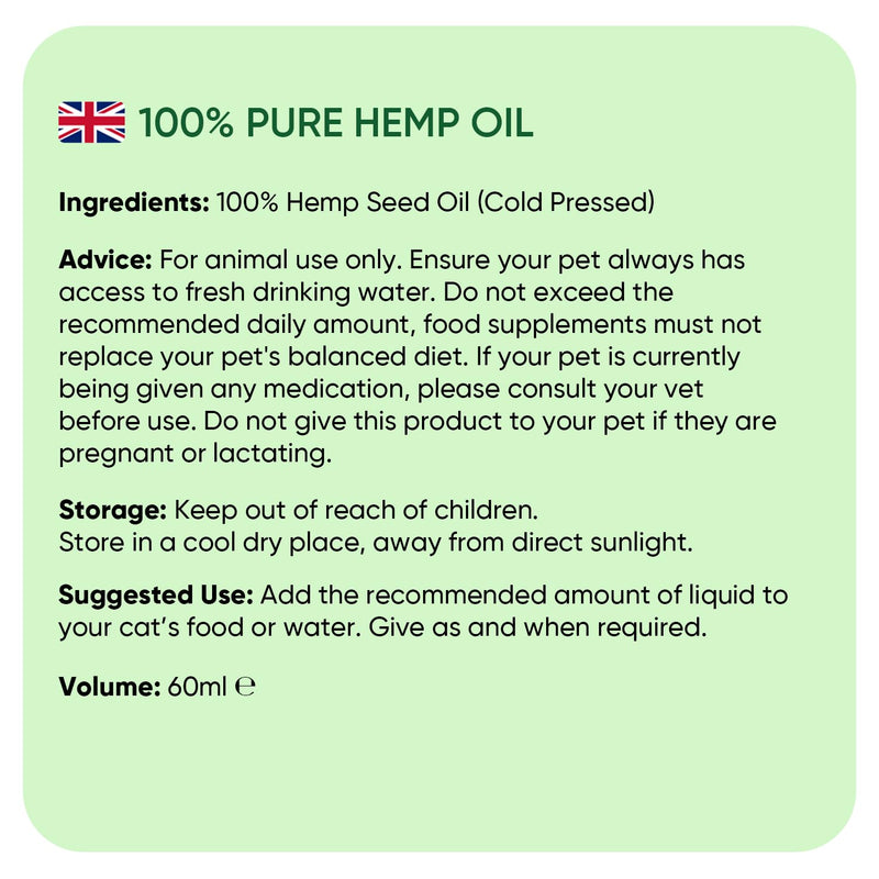 Hemp Oil for Cats 60ml - Pure, Natural & Cold-Pressed - Cat Calming Products for Loud Noises, Car Rides & Home Alone - Rich in Omega 3, 6 & 9 - Cat Calmer for Skin, Coat, Bones & Joints