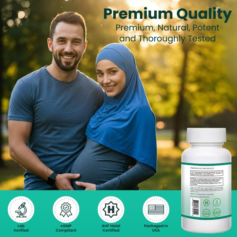 SHIFAA NUTRITION Halal Prenatal Vitamins with DHA and Folic Acid | High Potency 90 Softgels, Keto-Friendly | Vitamin C 120mg, DHA 250mg, Folic Acid 800mg, EPA 90mg, Biotin & Iodine