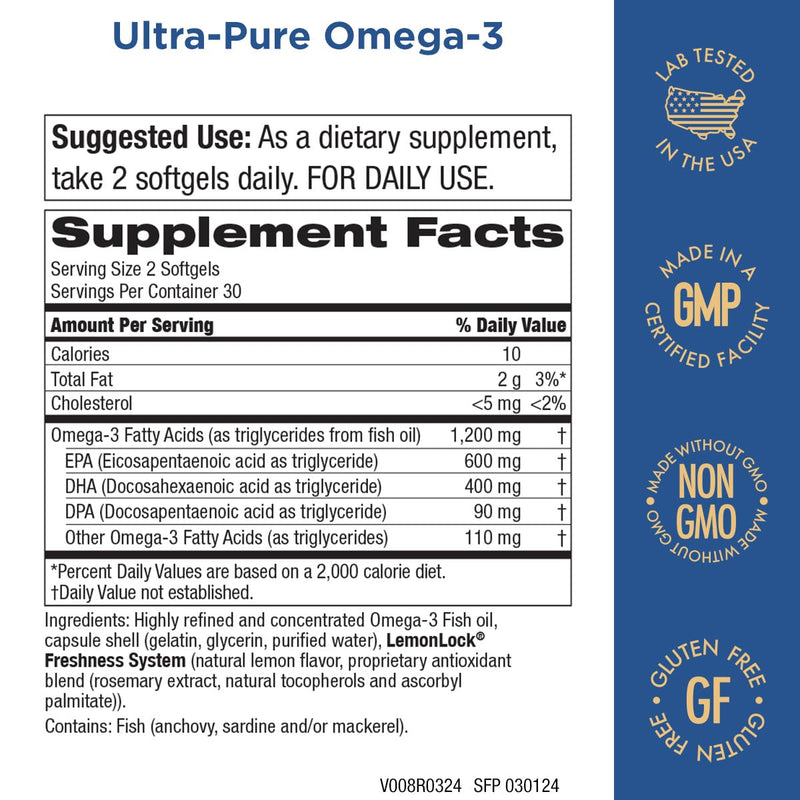 Purity Products - Ultra Pure Omega 3 ,60 softgels | Omega 3 Essential Fatty Acids - EPA, DHA & DPA - High Absoption Triglicerides - with LemonLock Freshness Technology Lemon 60 Count (Pack of 1)