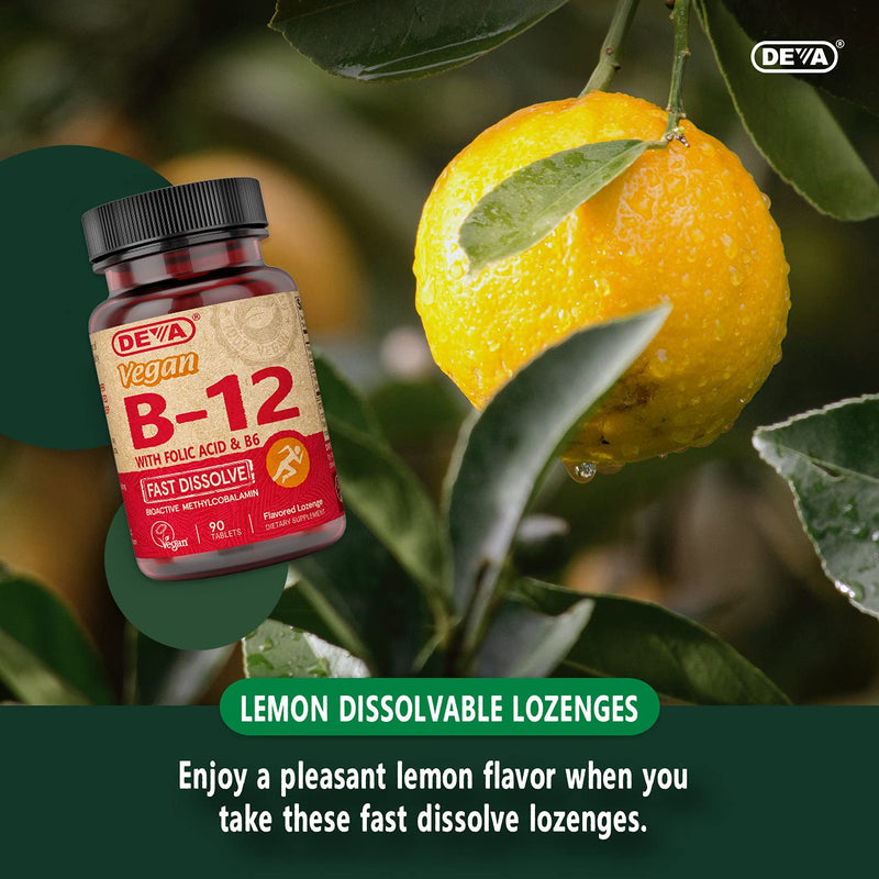 DEVA Vegan Vitamin B12 Fast Dissolve Supplement - Once-Per-Day Complex with 1000 Mcg Methylcobalamin B12, Folic Acid, B6 - Lemon Flavor - 90 Dissolvable Tablets, 2-Pack