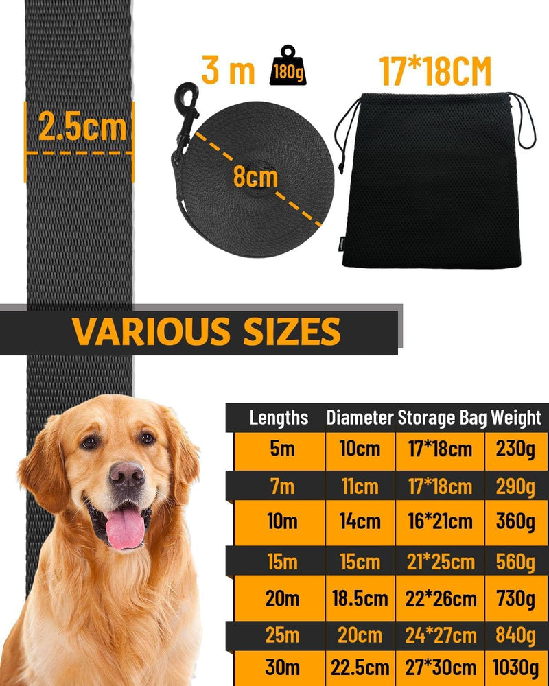 Looxmeer drag leash for dogs, 3m 5m 7m 10m 15m 20m 25m 30m robust dog leash training leash with storage bag, hand strap and D-carabiner black - BeesActive Australia