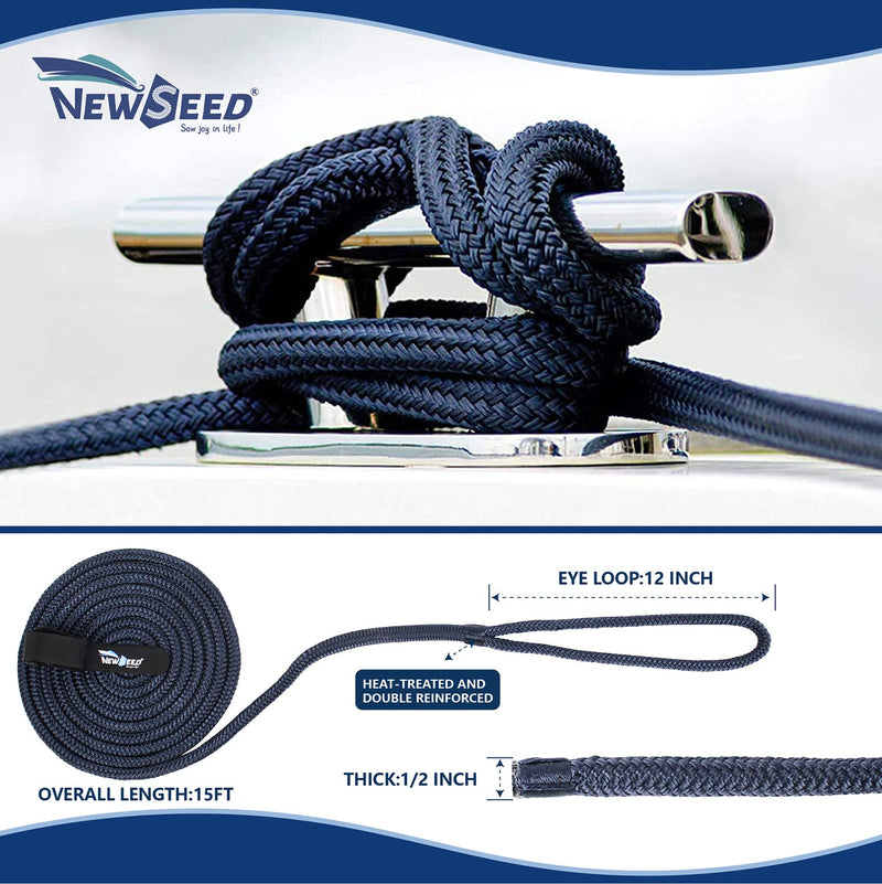 MALZE-NEWSEED 4 Pack 1/2" x 15' Dock Lines Double Braided Nylon Boat Rope with 12" Eyelets, Marine Grade Premium Mooring Lines for Docking Boat & Pontoon, Navy Blue 15'--1/2"
