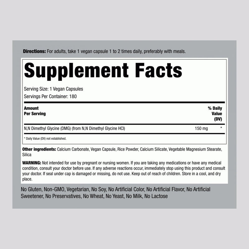 Piping Rock DMG Supplement B15 | 150 mg | 180 Capsules | Dimethylglycine HCl | Non-GMO, Gluten Free