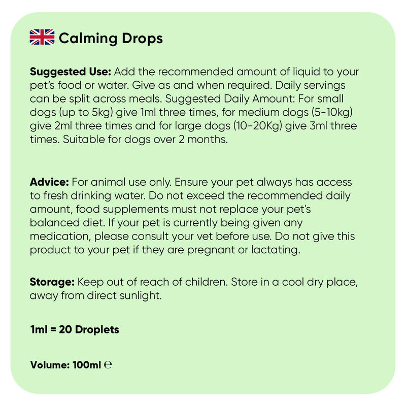 Calming Drops for Dogs 100ml - For Loud Noises, Home Alone Time, Hyperactivity & Travel - Puppy Calm Products with Amino Acid, Vitamins & Minerals - Alternative to Dog Calming Treats, Sprays & Collars