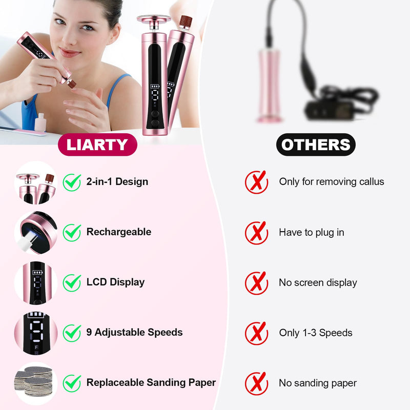 Rechargeable Callus Remover for Feet: Electric 2-in-1 Pedicure Tools - Foot File Grinder LCD Display 9 Adjustable Speeds 2 Sanding Heads 30 Sanding Paper Rose Rechargeable - BeesActive Australia