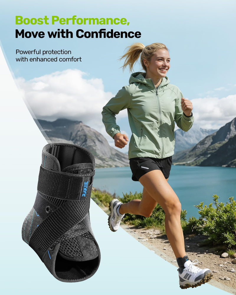 Rakiie Quick Lace Up Ankle Brace with 2 Metal Support Stays, Breathable Stabilizer for Sprained Ankle, Slim Fit Ankle Support for Men & Women, Sports, Running, Basketball (Black, M) Black - BeesActive Australia