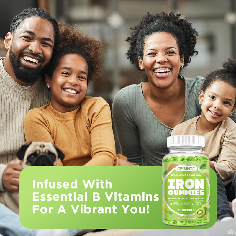 Center-Filled Iron Gummies for Adults & Kids - Iron Supplement with Vitamin B6, B12, C, Zinc, Folate - Support Women Iron Deficiency, Anemia, Blood Builder - Sugar Free Vegan 60ct Apple & Kiwi Flavor 60 Count (Pack of 1)