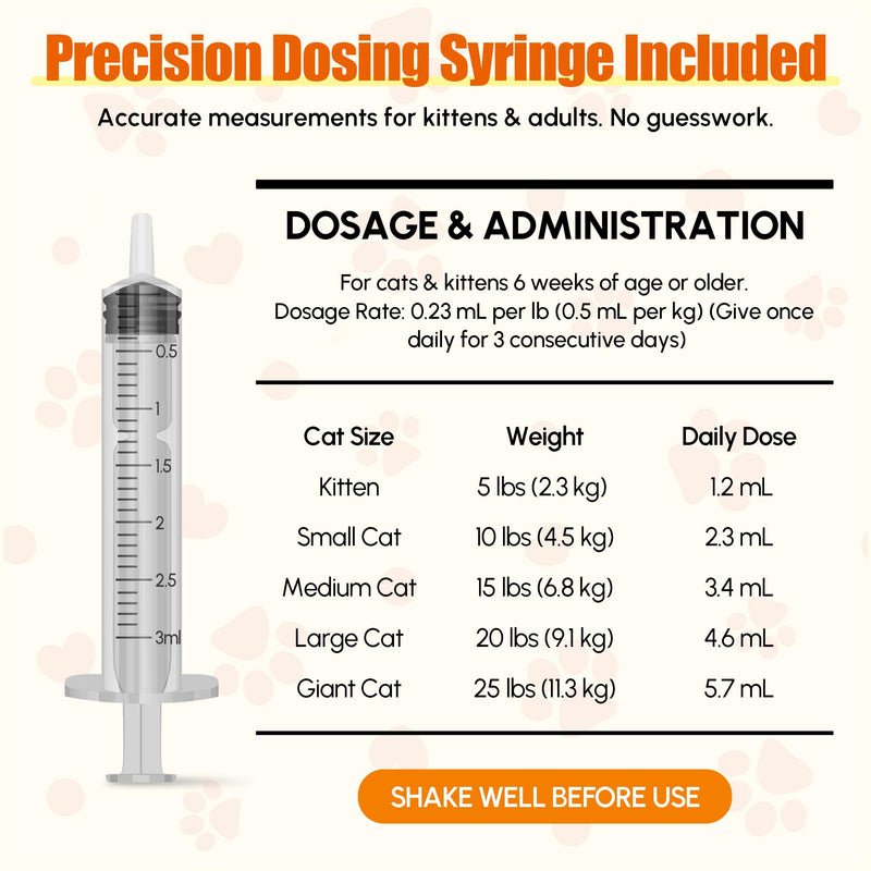 Dewormer for Cats & Kittens Fenbendazole Liquid - Broad Spectrum Suspension - Easy to Mix with Food - Removes Roundworm, Hookworm, Tapeworm - Includes 3ml Dosing Syringe (100ml)