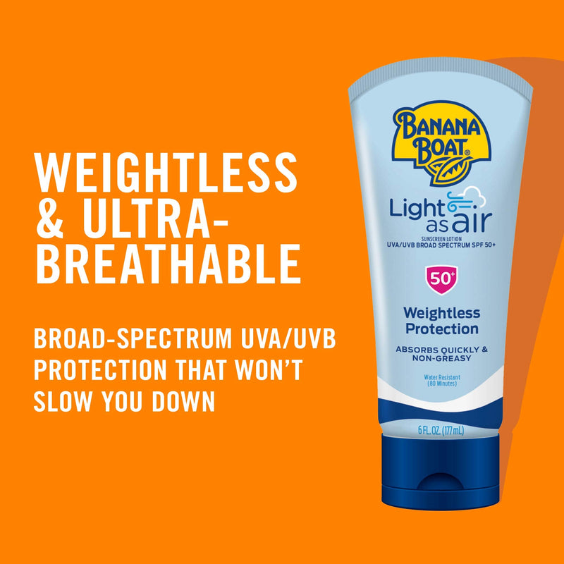 Banana Boat Light As Air Sunscreen Lotion SPF 50 Twin Pack | Lightweight Sunscreen, Lotion Sunscreen, Banana Boat Sunscreen Lotion for Body, Non-Greasy Sunscreen, Oxybenzone Free Sunscreen, 6oz each 6 Fl Oz (Pack of 2) - BeesActive Australia